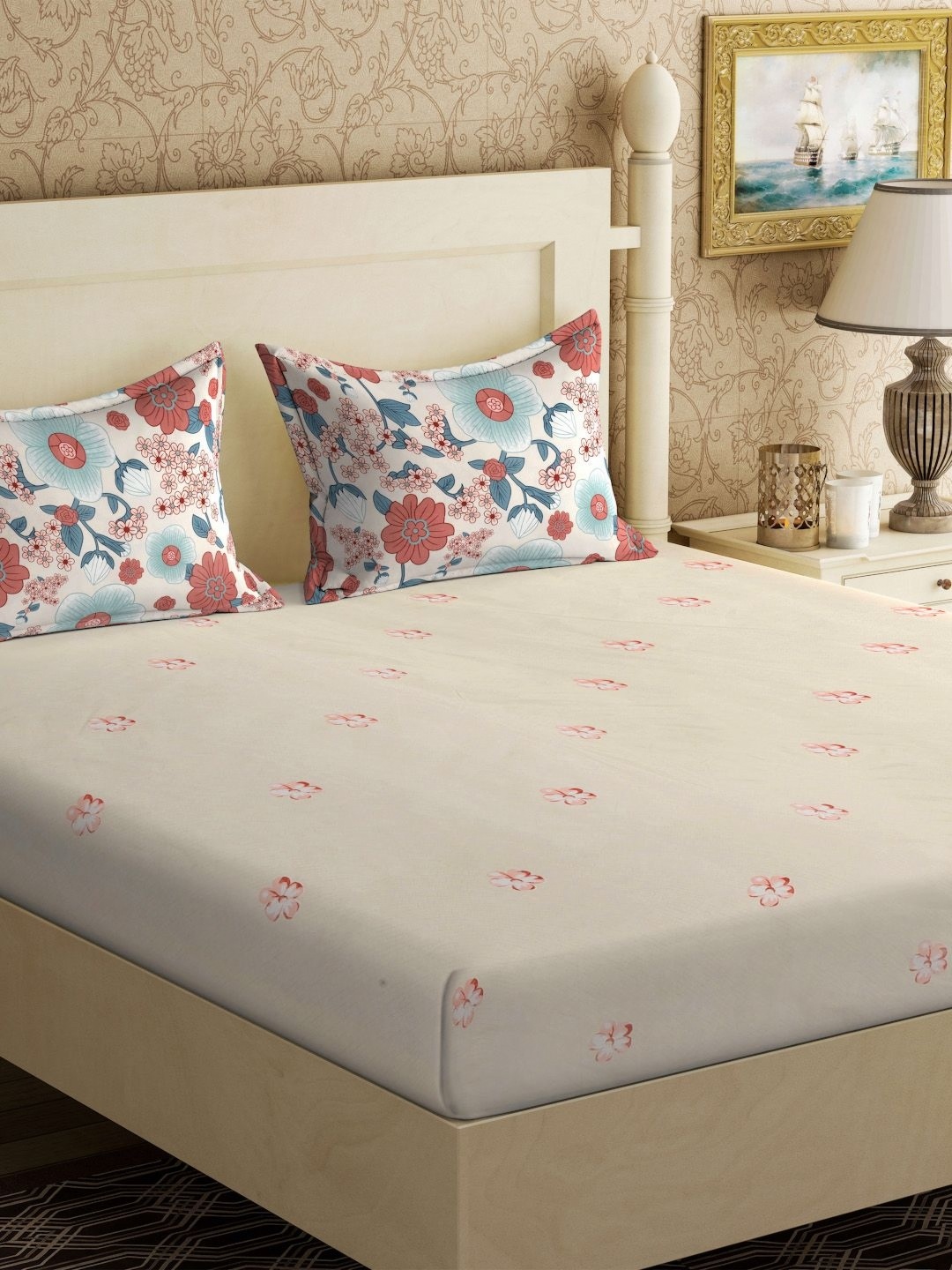 

KLOTTHE White & Beige Printed 300 TC King Double Bedsheet With 2 Pillow Covers