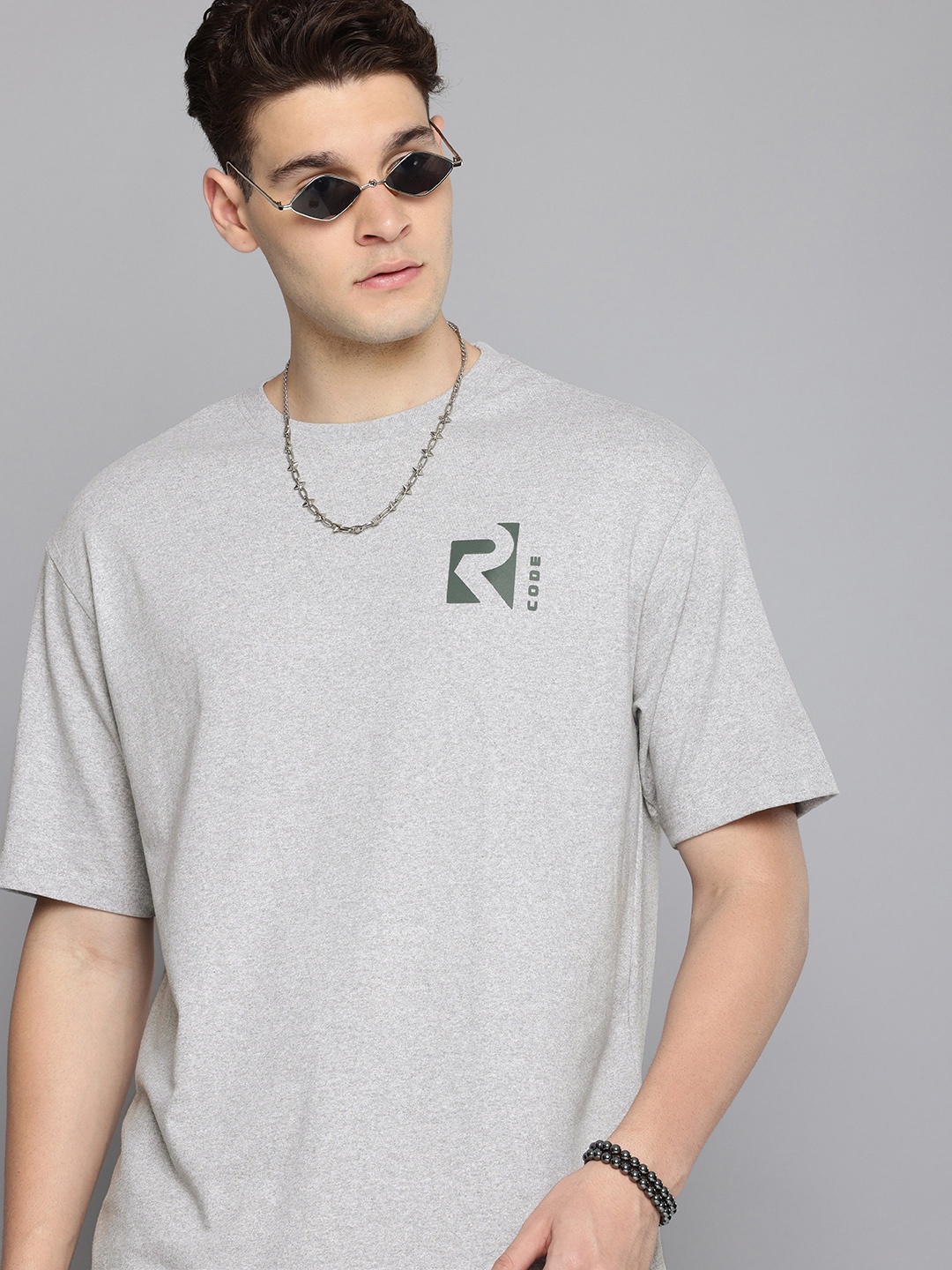 

R.Code by The Roadster Life Co. Men Oversized Brand Logo T-shirt, Grey melange