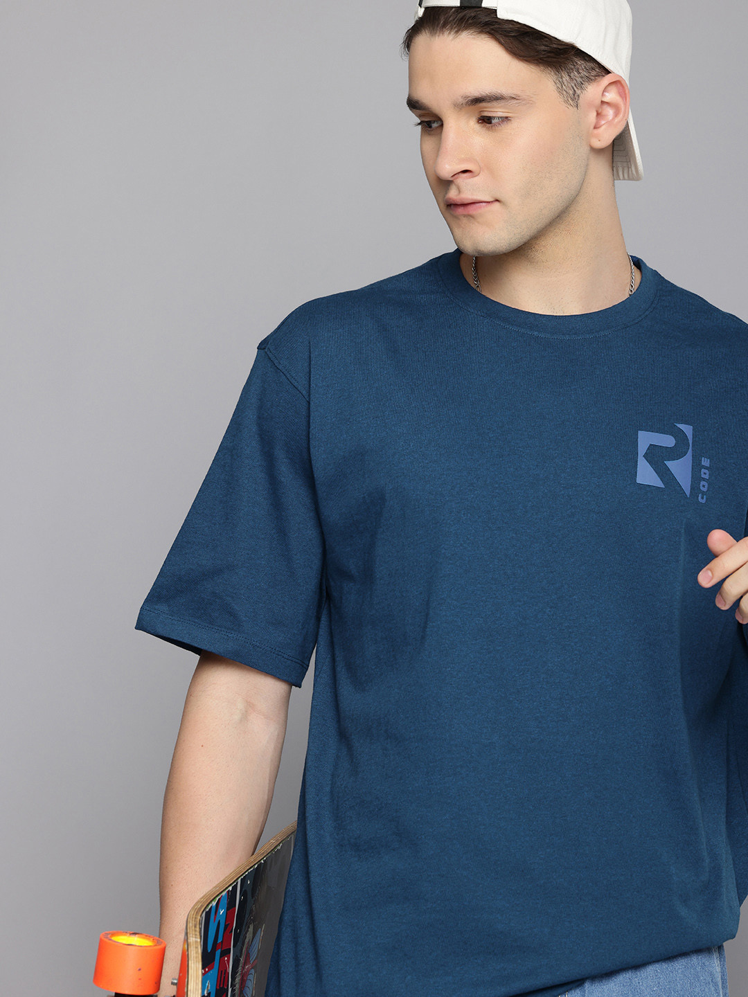 

R.Code by The Roadster Life Co. Men Oversized Brand Logo T-shirt, Blue