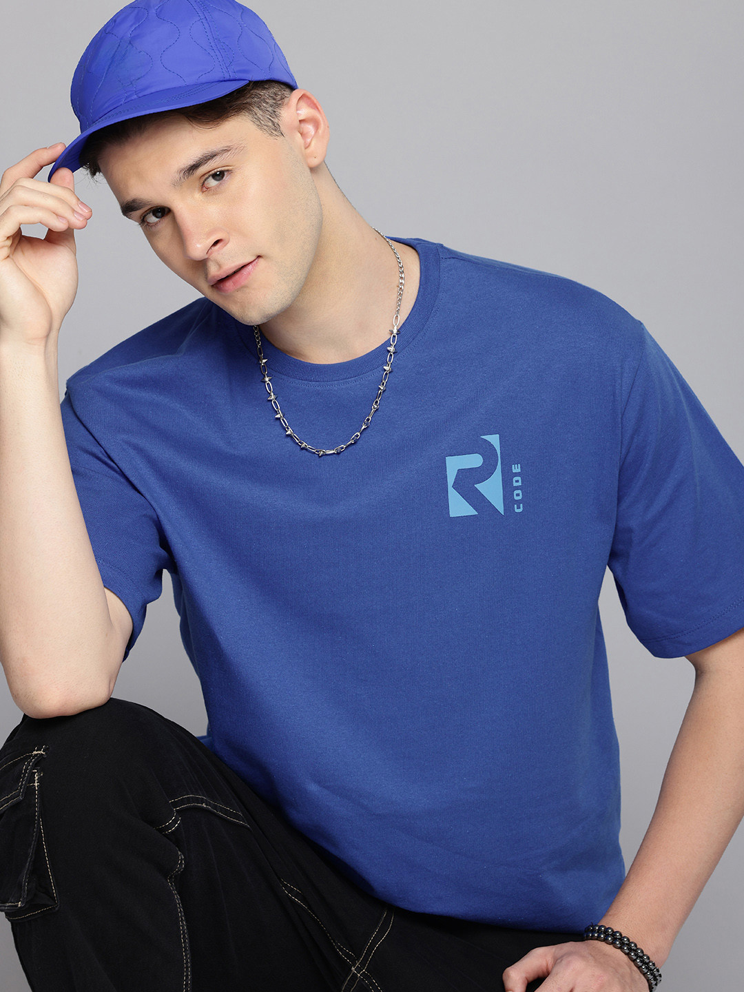

R.Code by The Roadster Life Co. Men Brand Logo Printed Oversized T-shirt, Blue