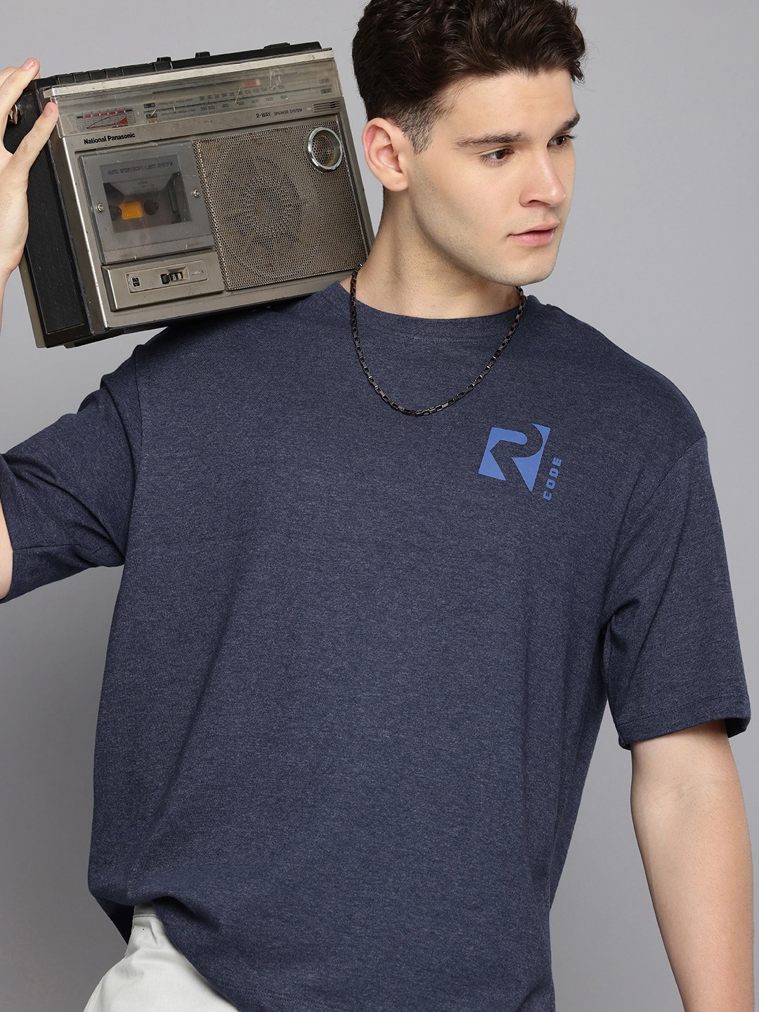 

R.Code by The Roadster Life Co. Men Oversized Brand Logo T-shirt, Navy blue