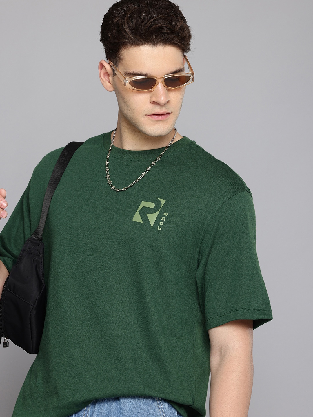 

R.Code by The Roadster Life Co. Men Oversized Brand Logo T-shirt, Green
