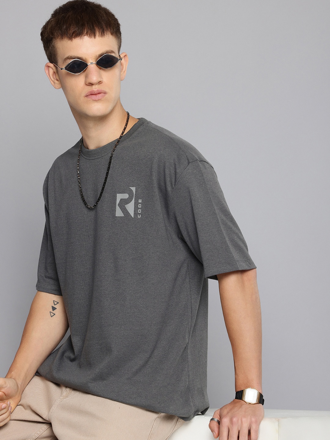 

R.Code by The Roadster Life Co. Men Brand Logo Printed Oversized T-shirt, Grey