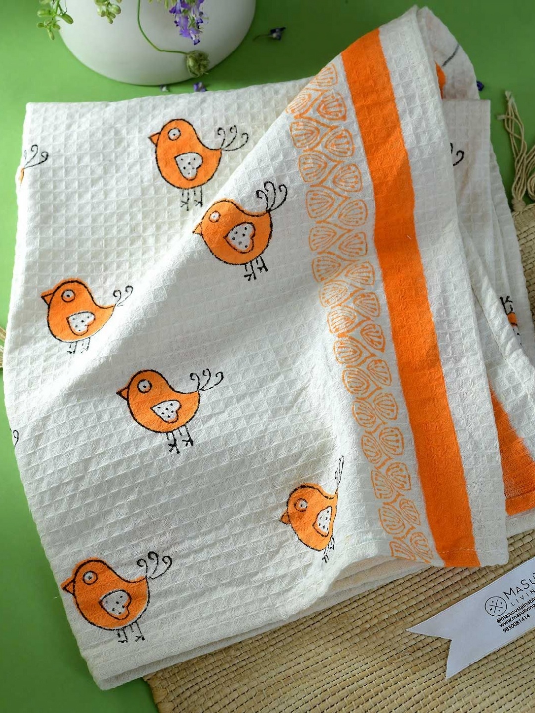 

MASU LIVING White & Orange Bird Printed Cotton 380 GSM Bath Towel