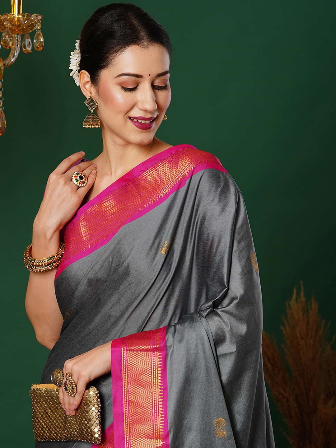 

KALINI Woven Design Zari Pure Silk Ikat Saree, Grey