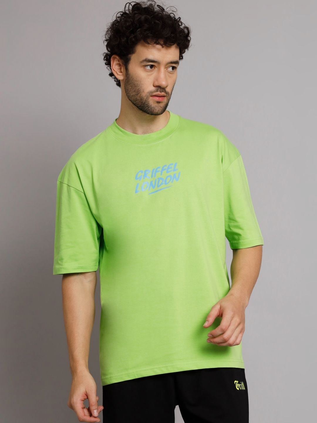 

GRIFFEL Men Typography Printed Round Neck Cotton Oversized T-Shirt, Green
