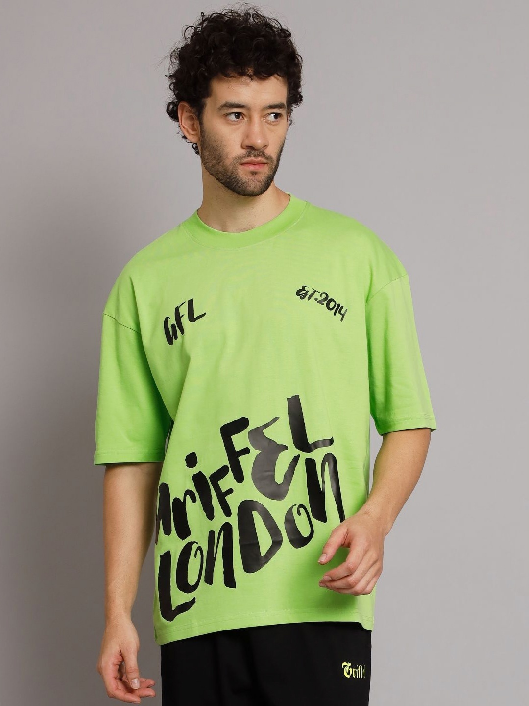 

GRIFFEL Men Typography Printed Round Neck Cotton Oversized T-Shirt, Green