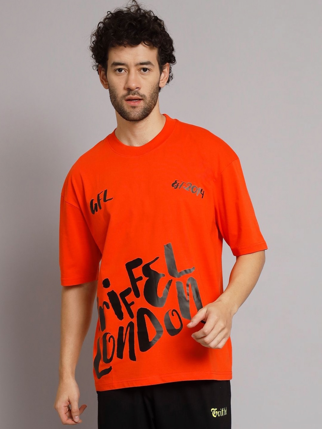 GRIFFEL Men Typography Printed Round Neck Cotton Oversized T-Shirt, Orange