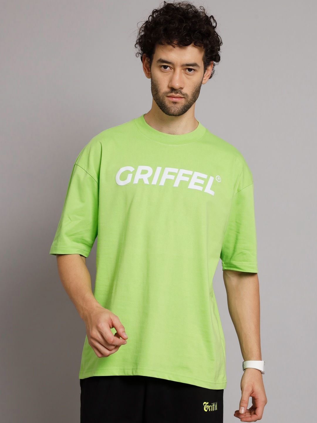 

GRIFFEL Men Typography Printed Round Neck Cotton Oversized T-Shirt, Green
