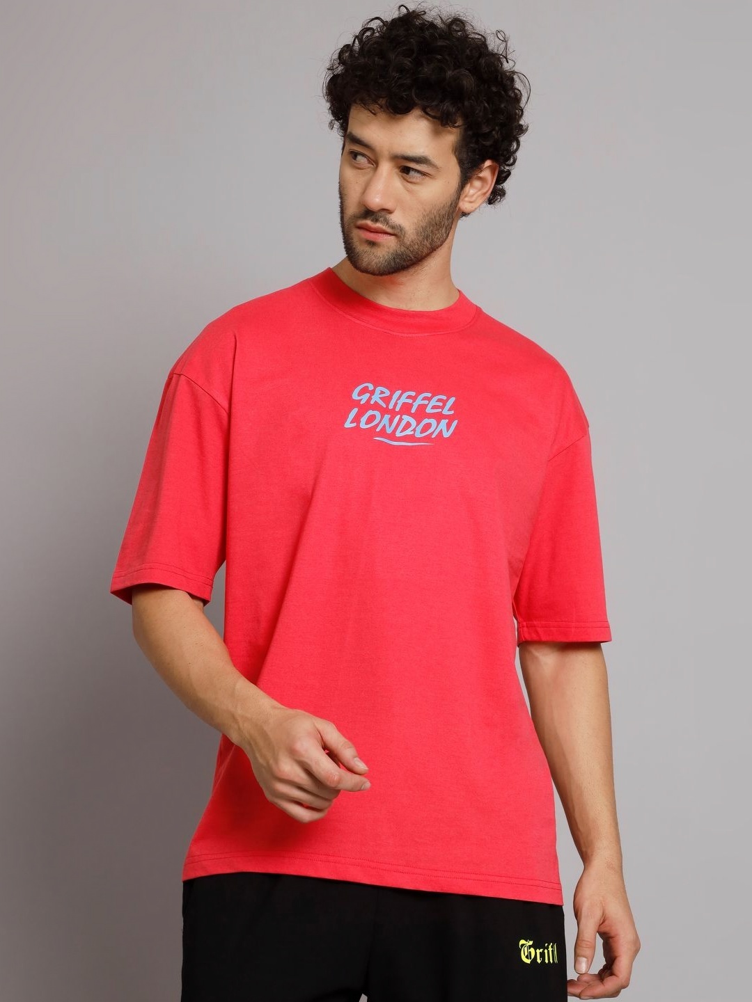 

GRIFFEL Men Typography Printed Round Neck Cotton Oversized T-Shirt, Pink
