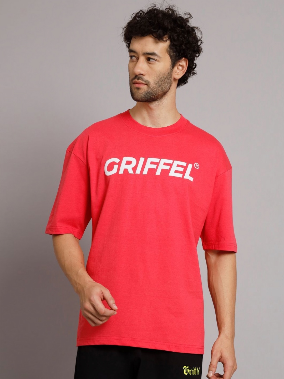 GRIFFEL Men Typography Printed Round Neck Cotton Oversized T-Shirt, Pink