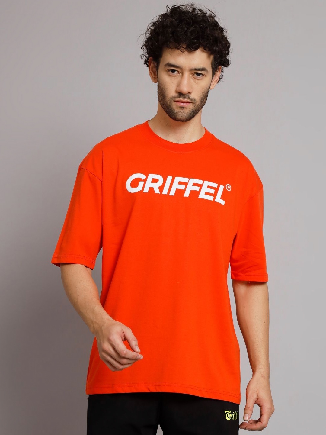 

GRIFFEL Men Typography Printed Round Neck Cotton Oversized T-Shirt, Orange