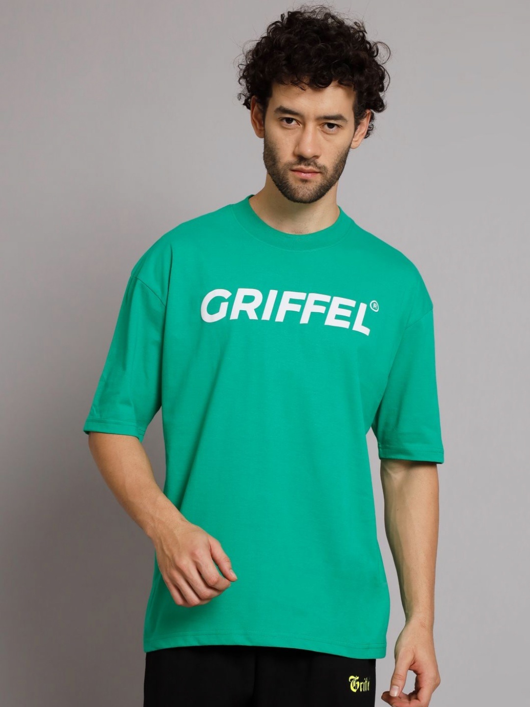 

GRIFFEL Men Typography Printed Round Neck Cotton Oversized T-Shirt, Green