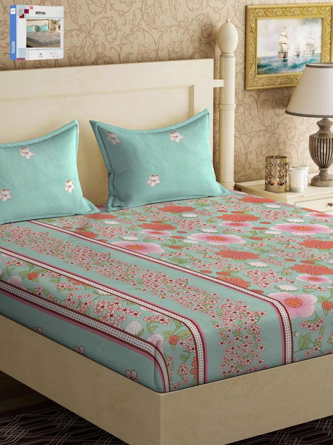

KLOTTHE Blue Floral-Printed 300 TC King Double Bedsheet With 2 Pillow Covers