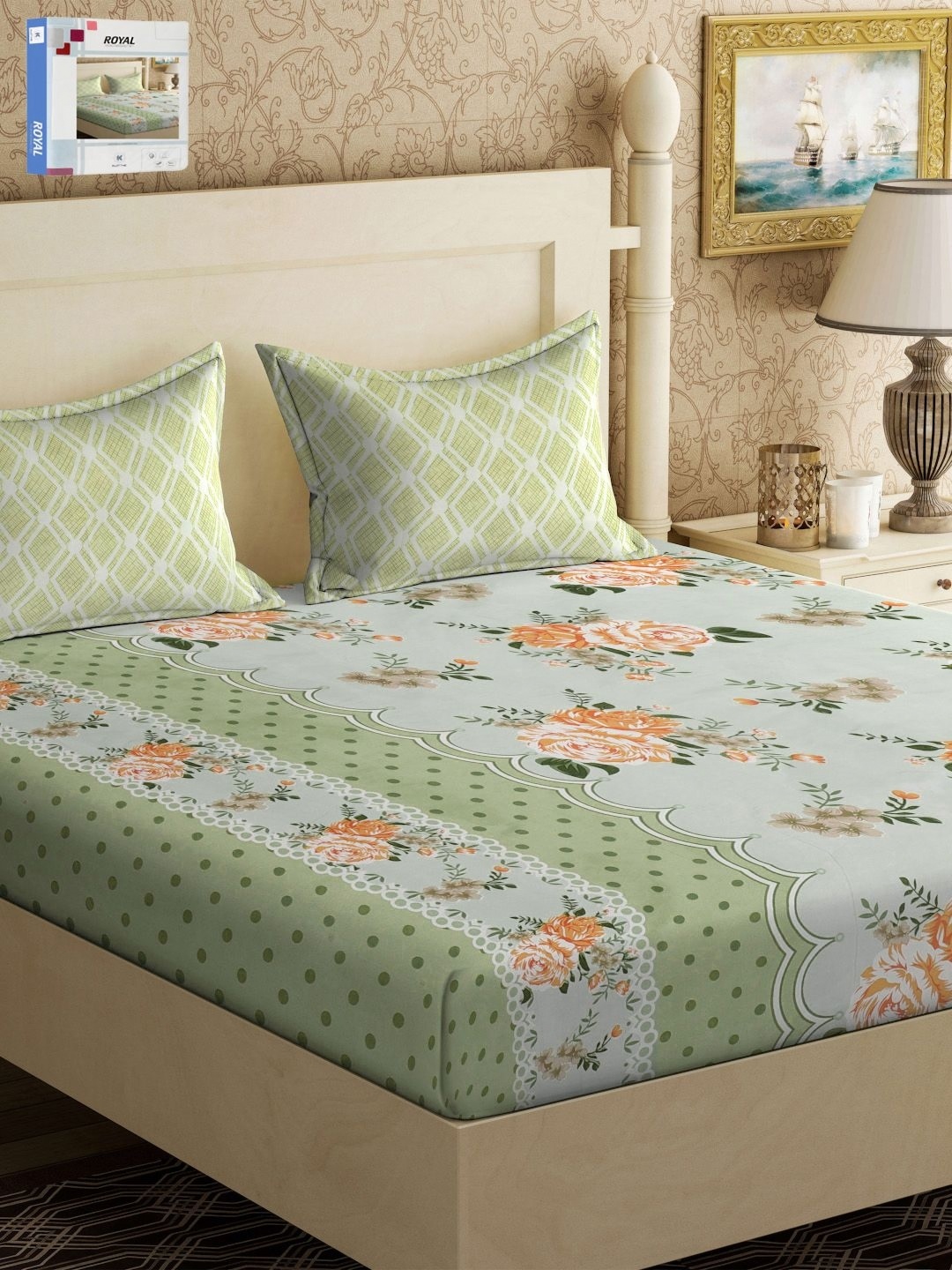 

KLOTTHE Green & Orange Colored Printed 300 TC King Double Bedsheet With 2 Pillow Covers