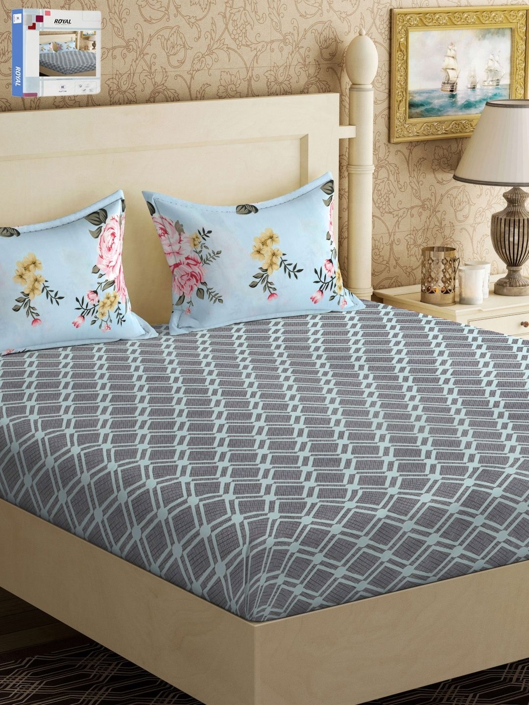 

KLOTTHE Grey & Blue Printed 300 TC King Double Bedsheet With 2 Pillow Covers