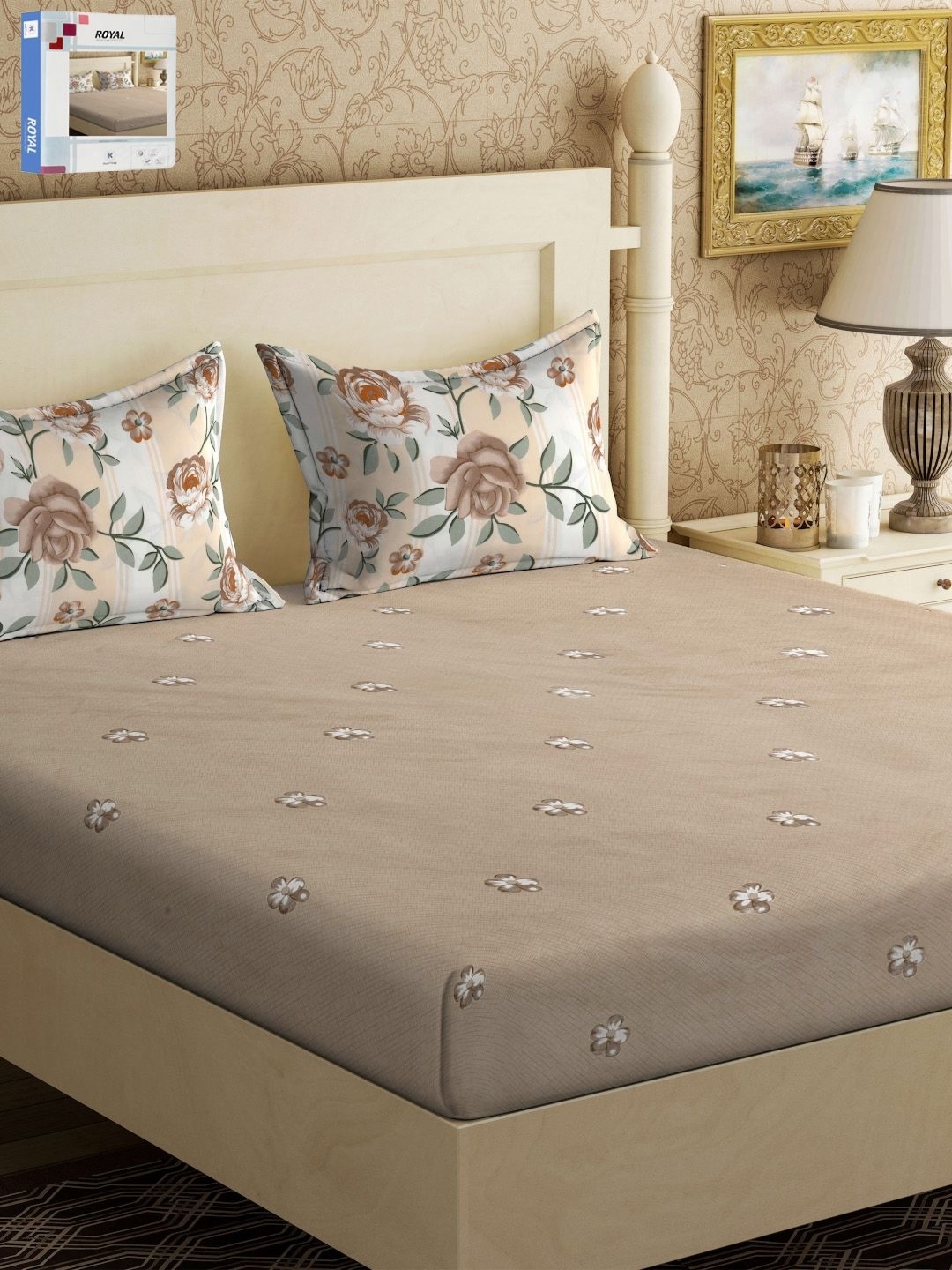 

KLOTTHE Brown & White Floral Printed 300TC King Bedsheet With 2 Pillow Covers