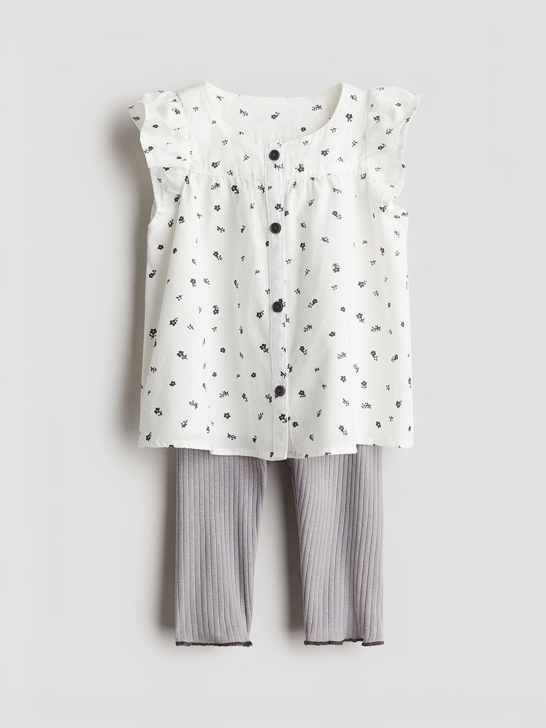 

H&M Pack Of 2 Girls Printed Top & Ribbed Leggings Clothing Set, Grey