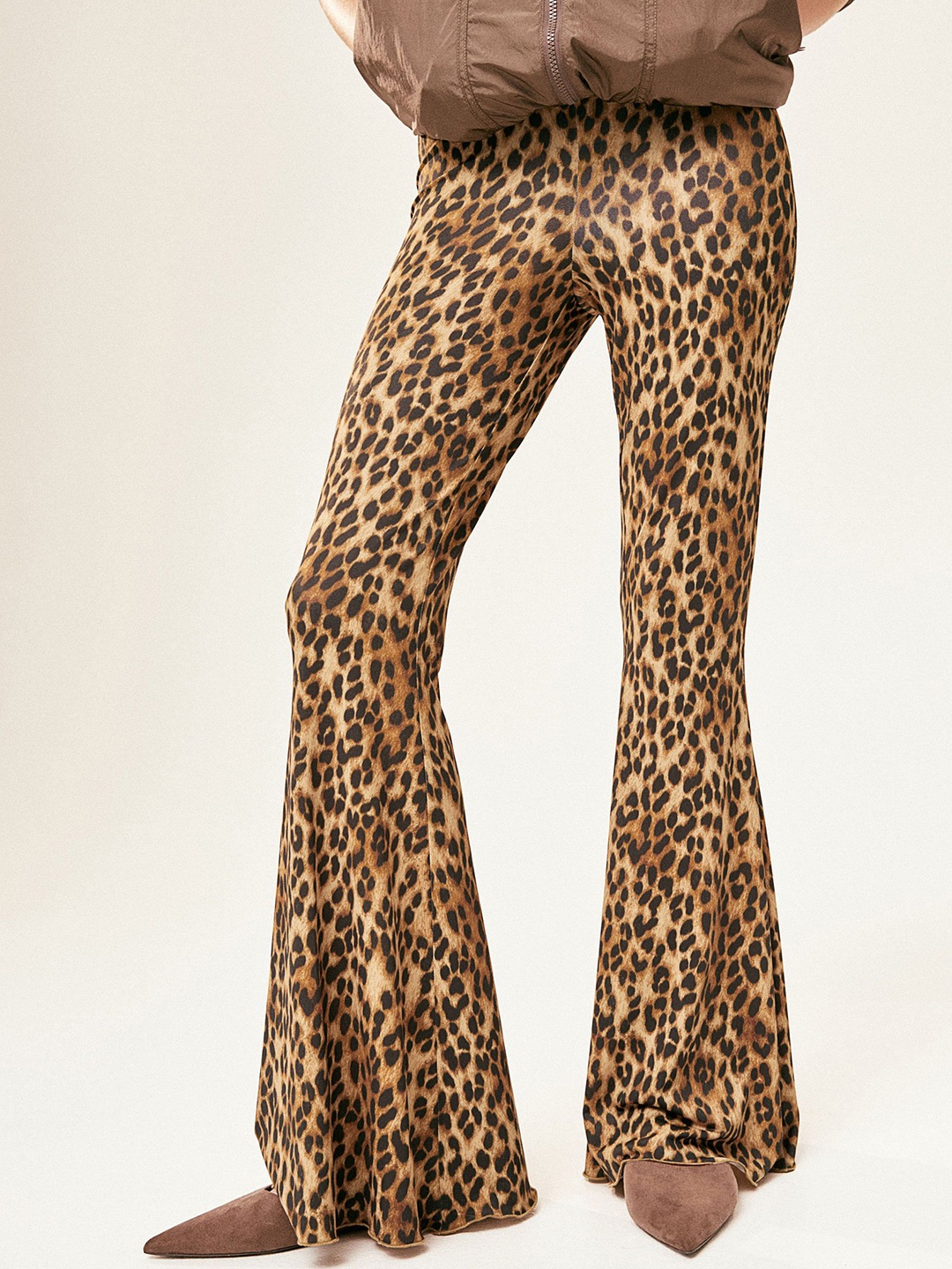 

H&M Women Animal Printed Mid-Rise Flared Bootcut Trousers, Beige