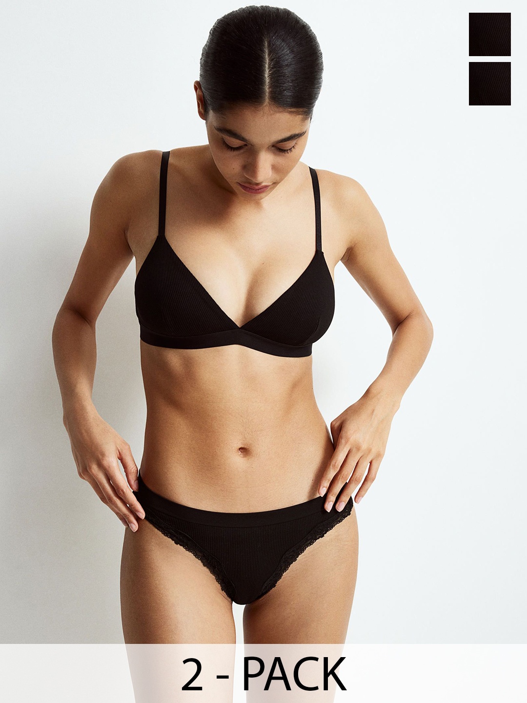 

H&M 2- Pcs Seamless Lace-Trimmed Thong Briefs, Black