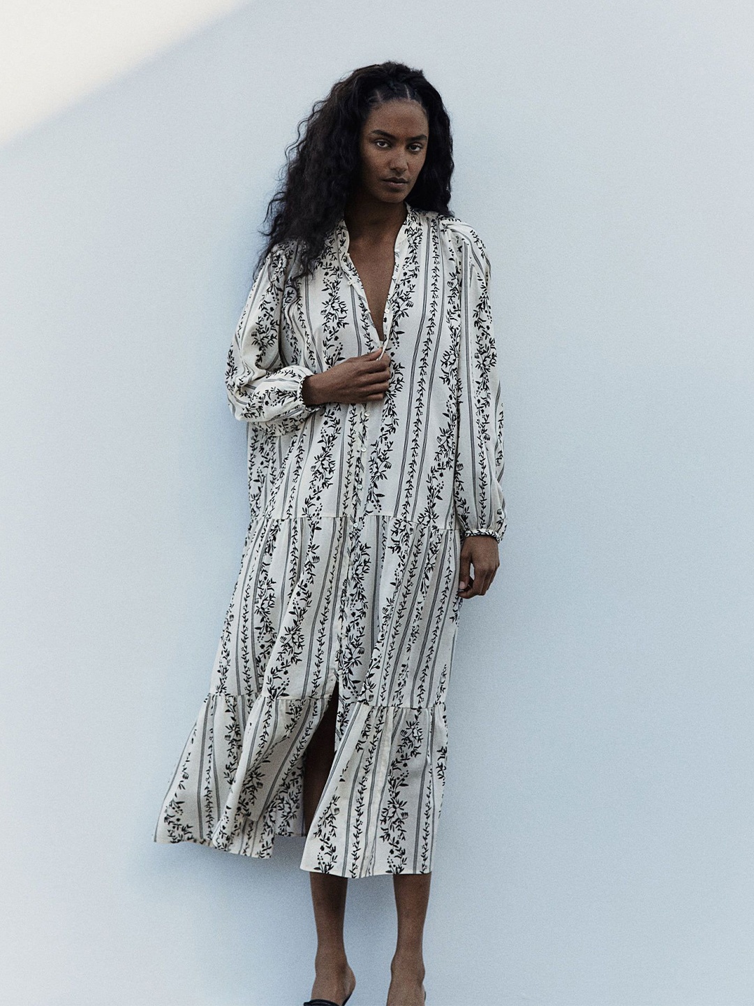 

H&M Tiered Shirt Midi Dress, White