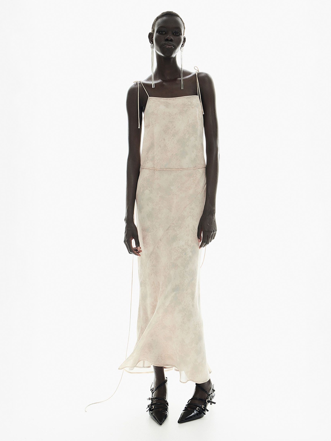 

H&M Printed Shoulder Straps Tie-Detail Maxi Dresses, Beige