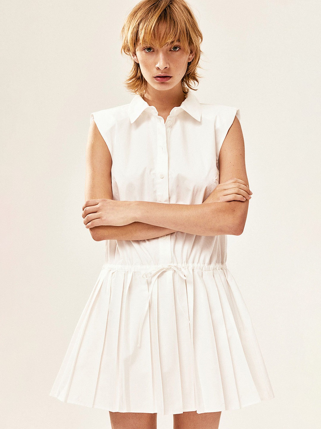

H&M Pleated-Skirt Shoulder-Pad Dress, White