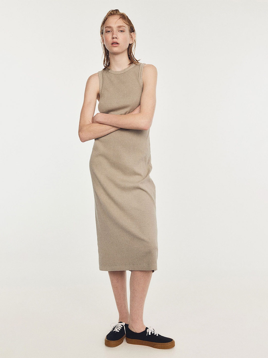 

H&M Ribbed T-shirt Midi Dress, Beige