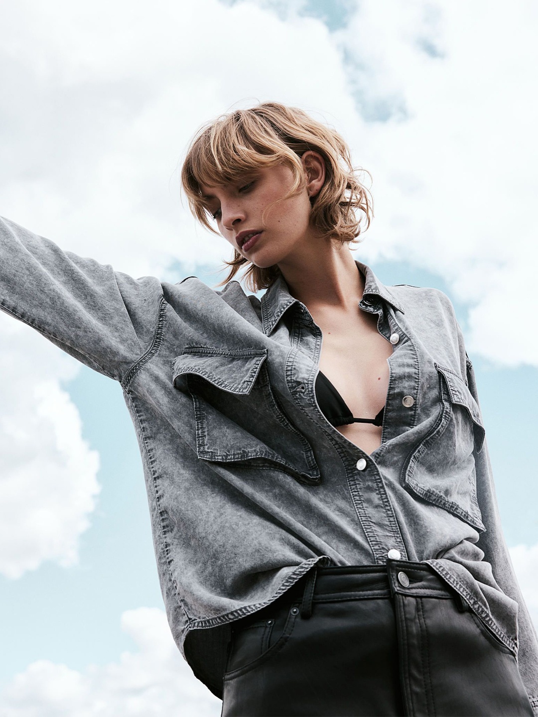 

H&M Women Oversized Denim Shirt, Grey