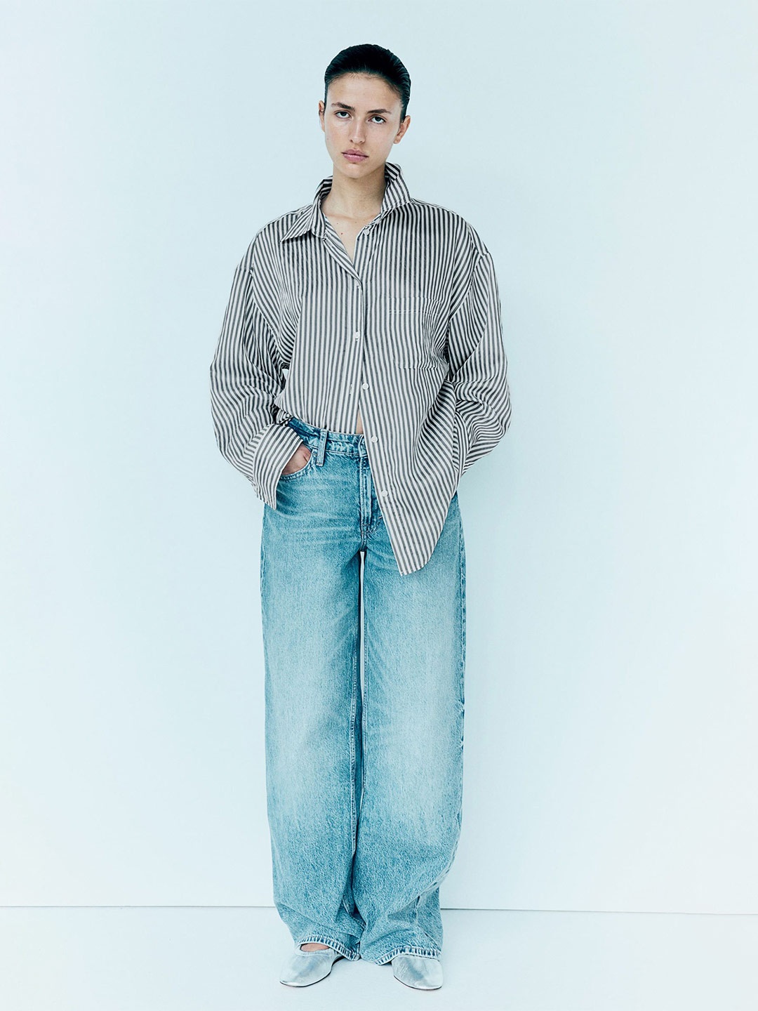 

H&M Women Oversized Striped Shirts, Grey