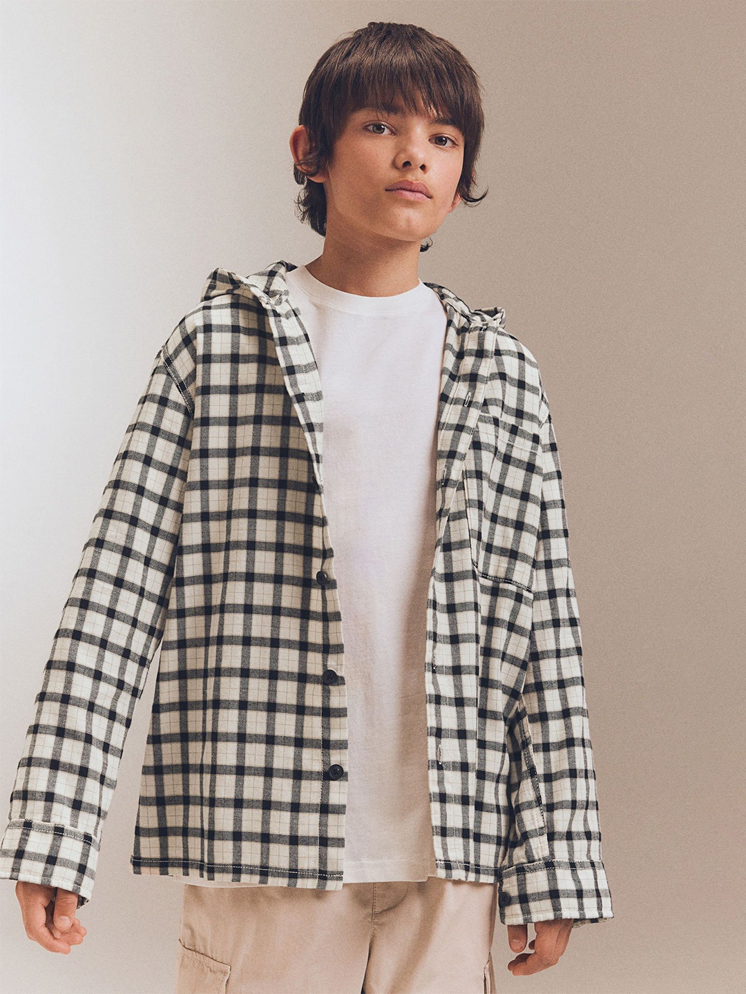 

H&M Boys Hooded Flannel Shirt, White