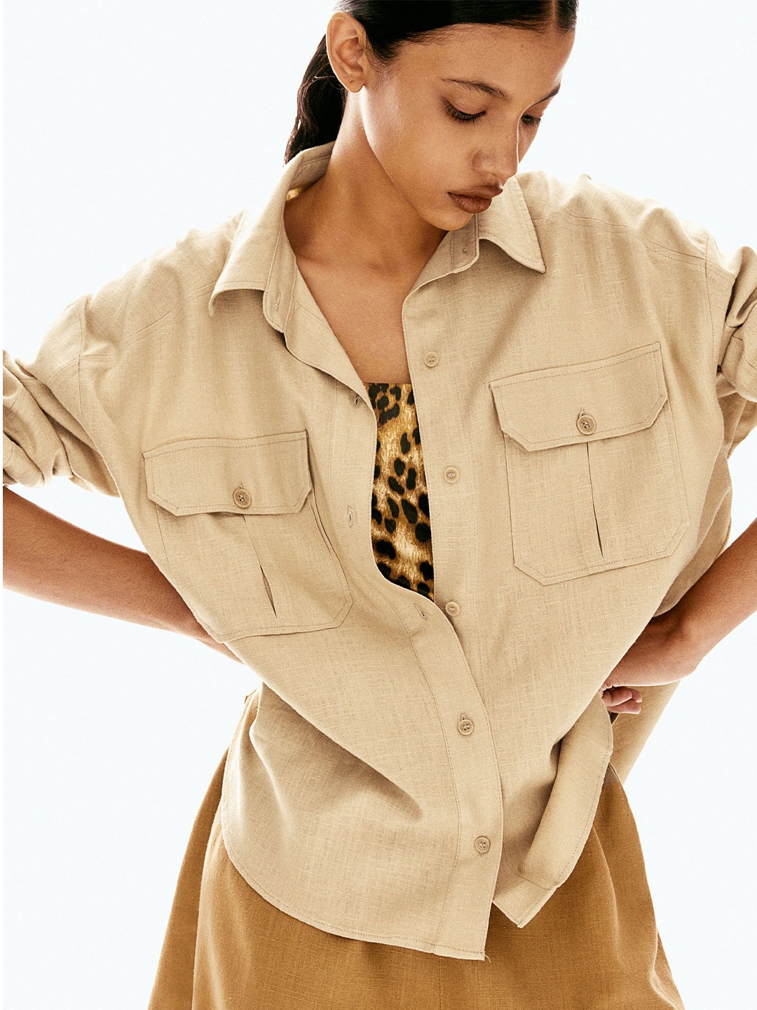 

H&M Women Oversized Linen-Blend Cargo Shirt, Beige