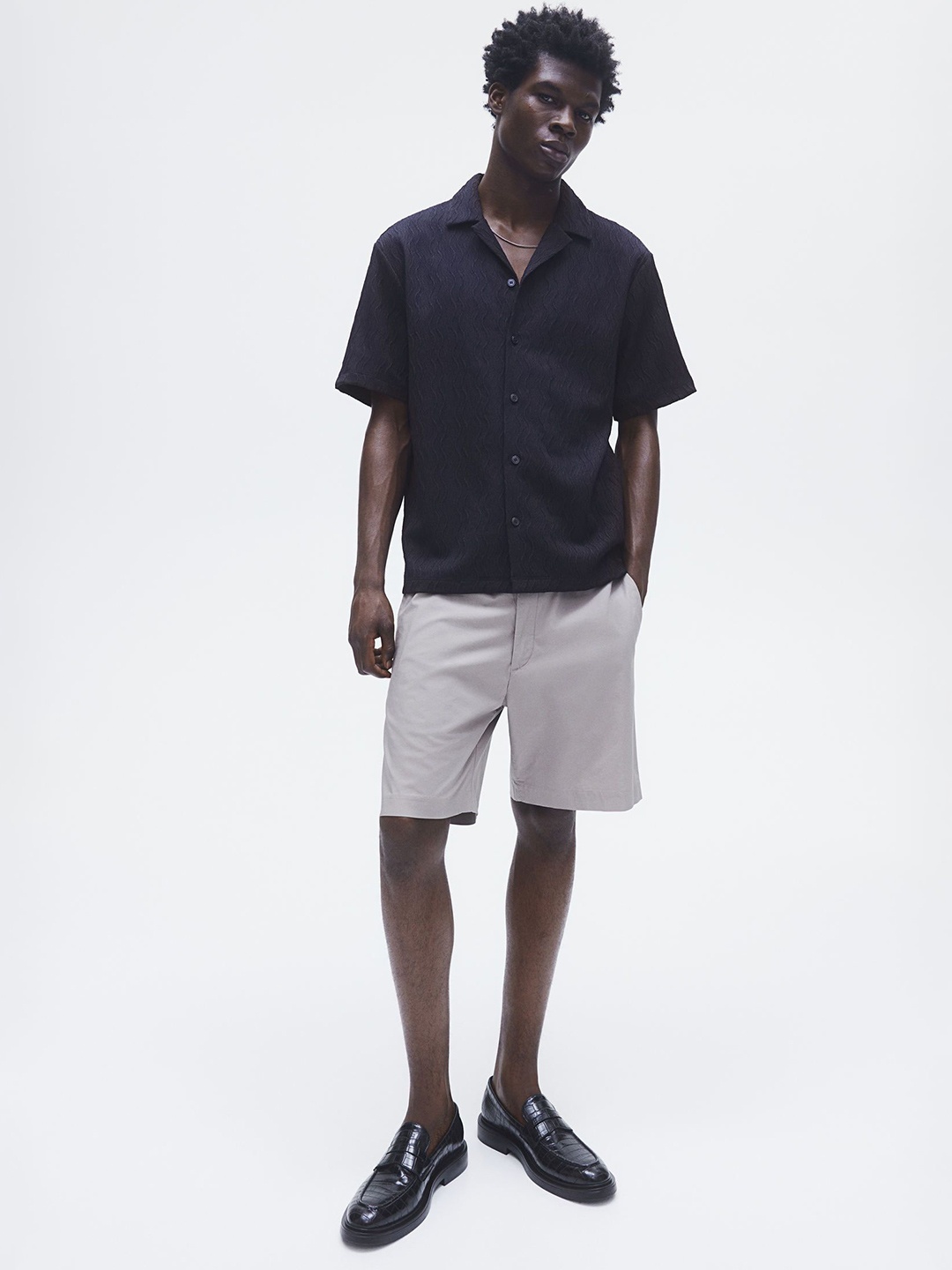 

H&M Textured Resort Shirt, Navy blue