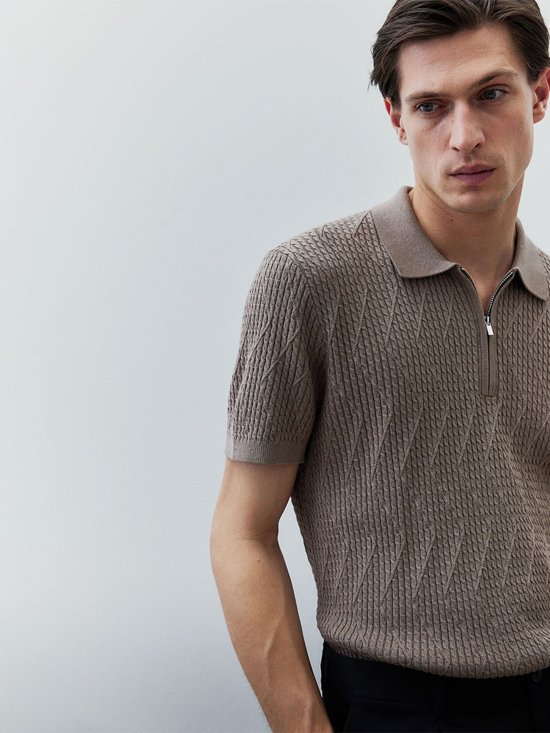 

H&M Slim Fit Cable-Knit Polo Shirt, Beige