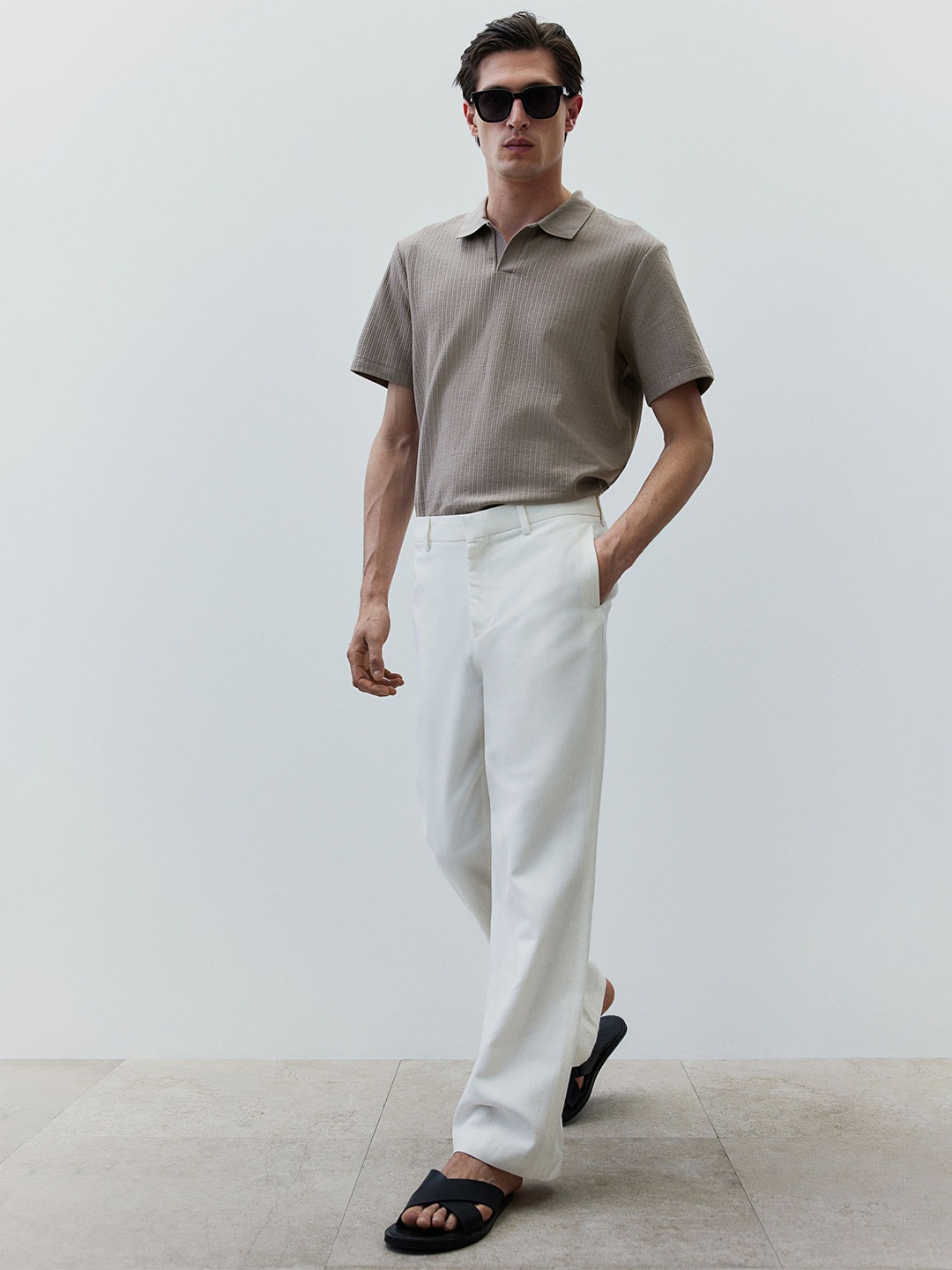 

H&M Men Textured Polo T-Shirt, Beige