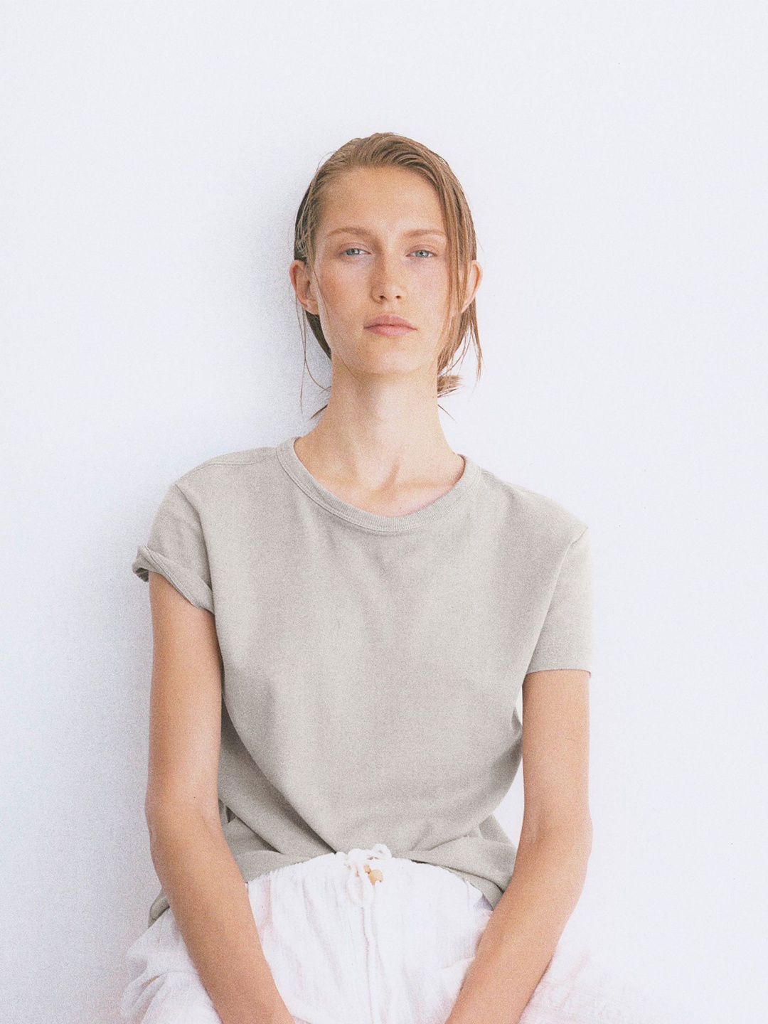 

H&M Fitted Solid Cotton T-shirt, Beige