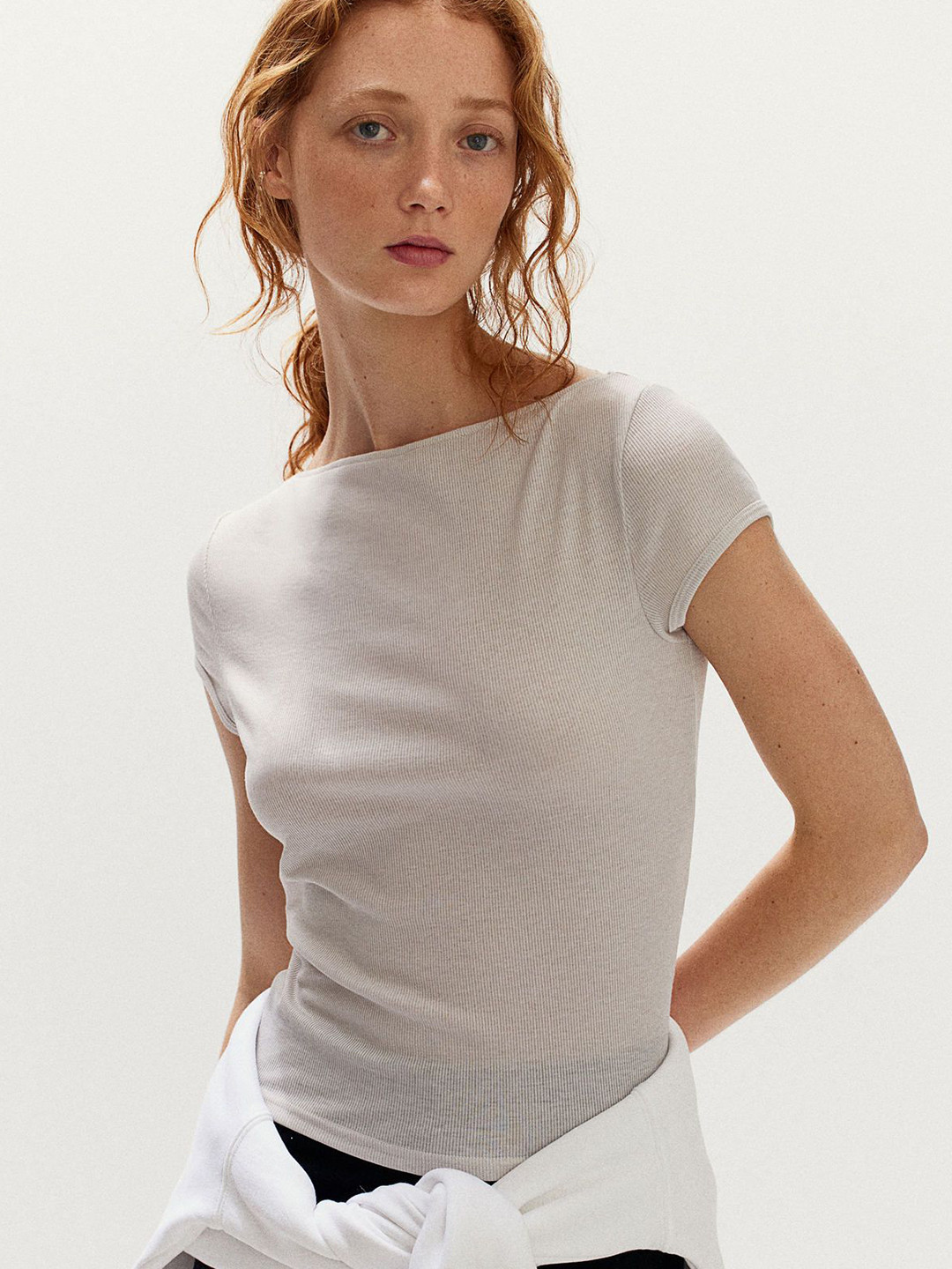 

H&M Women Sheer Ribbed T-Shirts, Beige