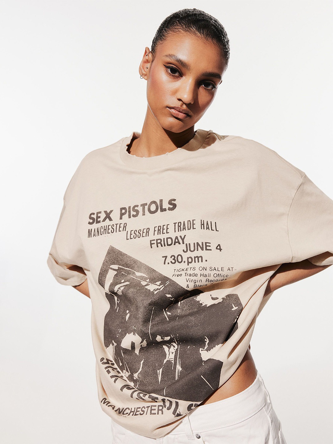 

H&M Oversized Printed T-Shirt, Beige