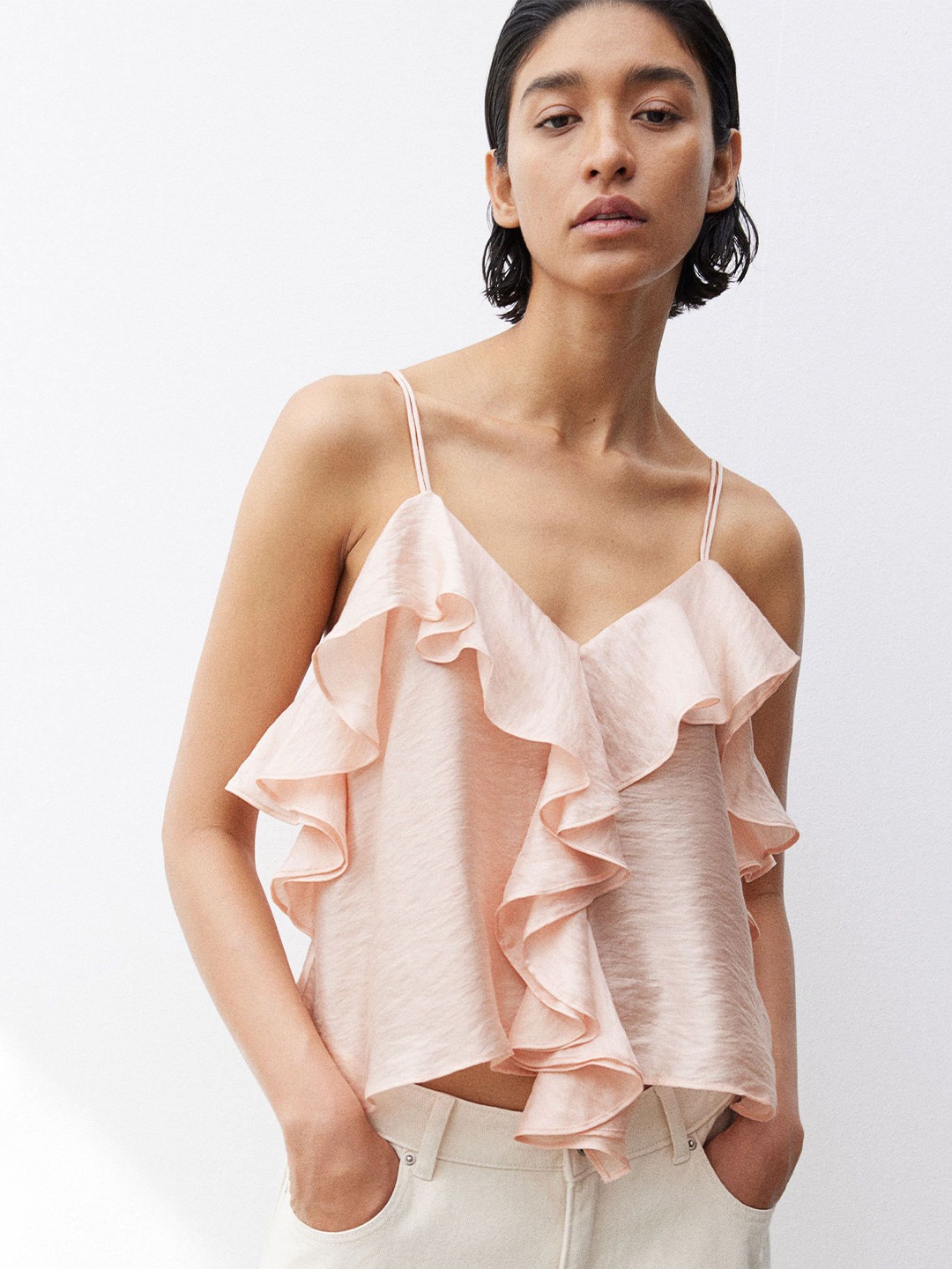 

H&M Flounce-Trimmed Strappy Tops, Pink