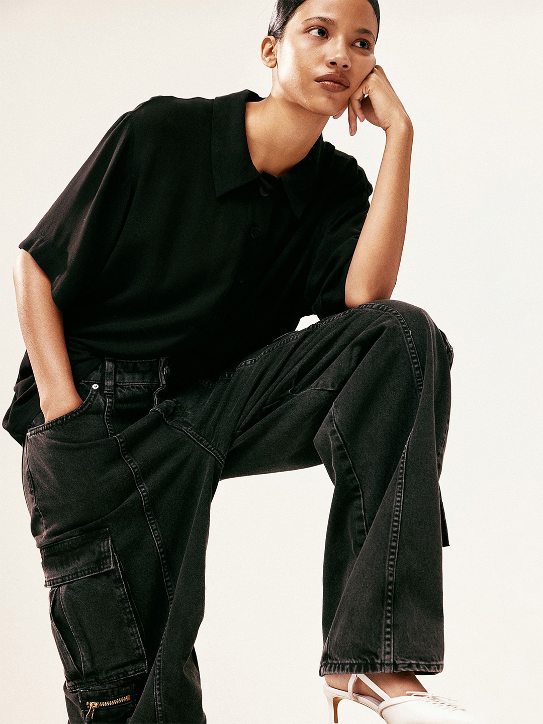 H&M Sheer Crape Polo Shirt, Black
