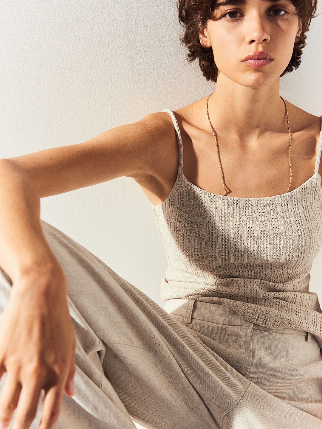 

H&M Pointelle-Knit Strappy Top, Beige