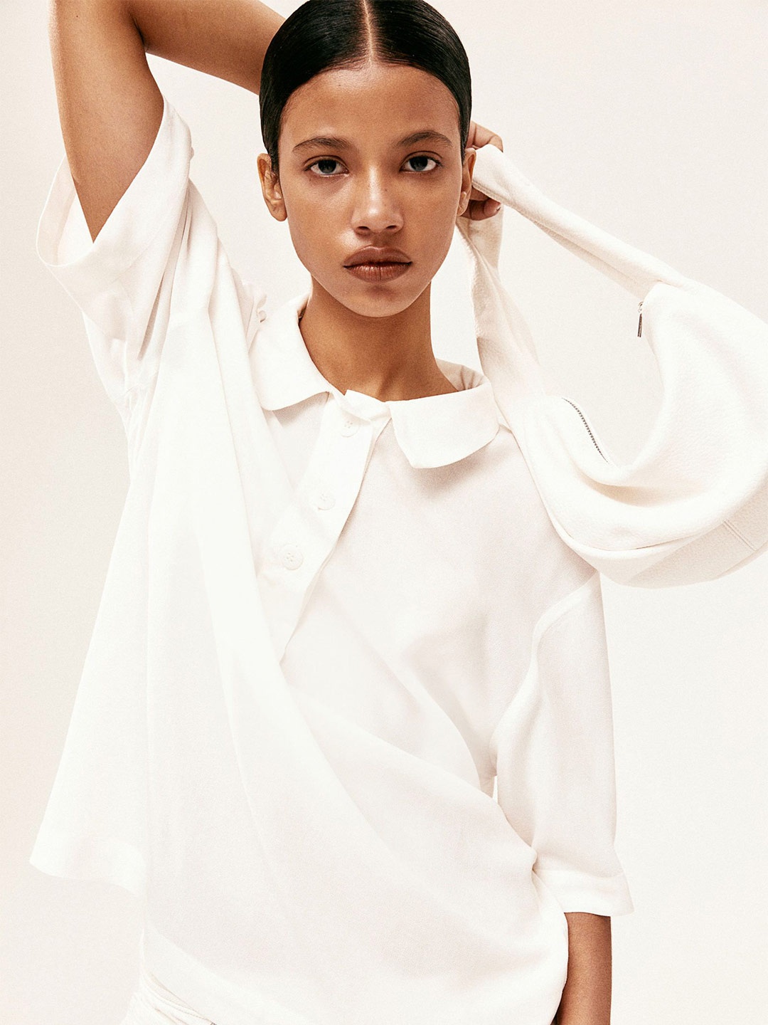 

H&M Sheer Crape Polo Shirt, White