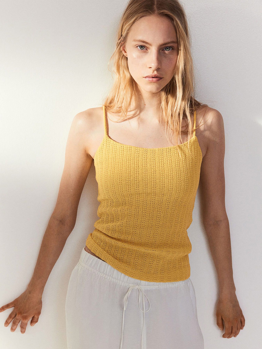 

H&M Pointelle-Knit Strappy Top, Yellow