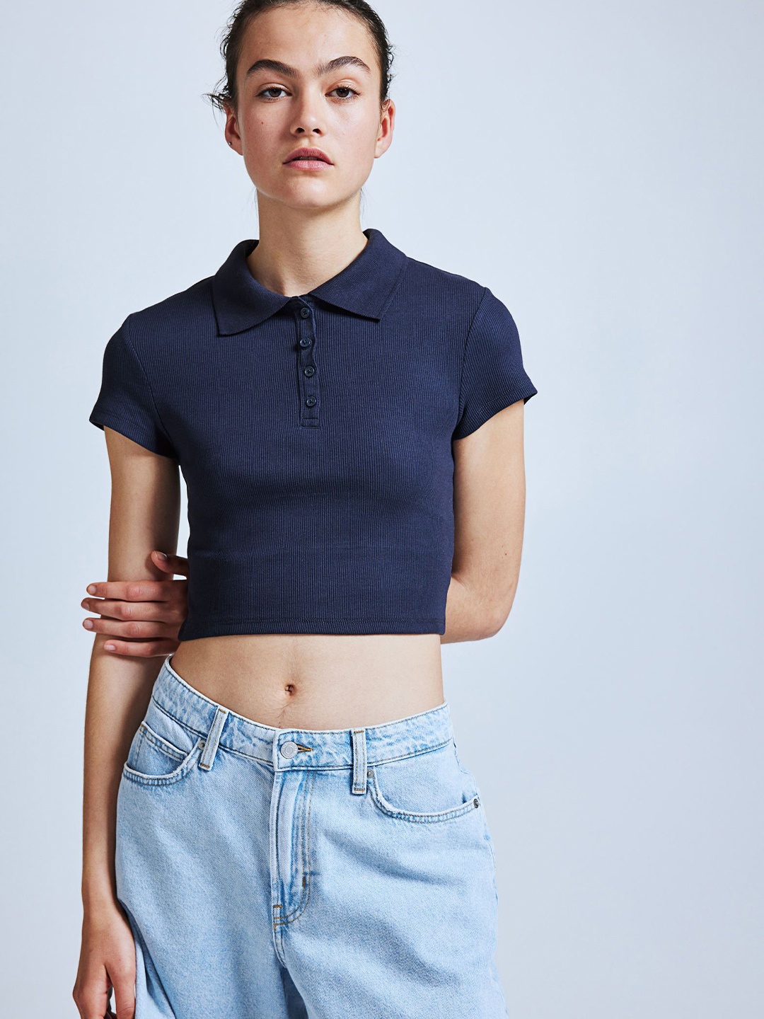 

H&M Ribbed Polo Shirt, Blue