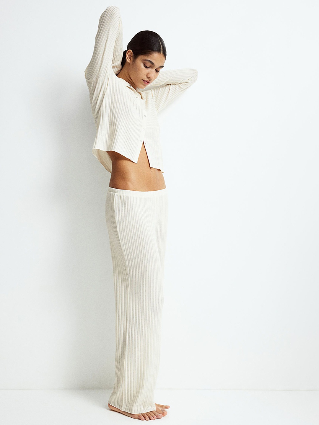 

H&M Women Low-Rise Rib Knit Trousers, White