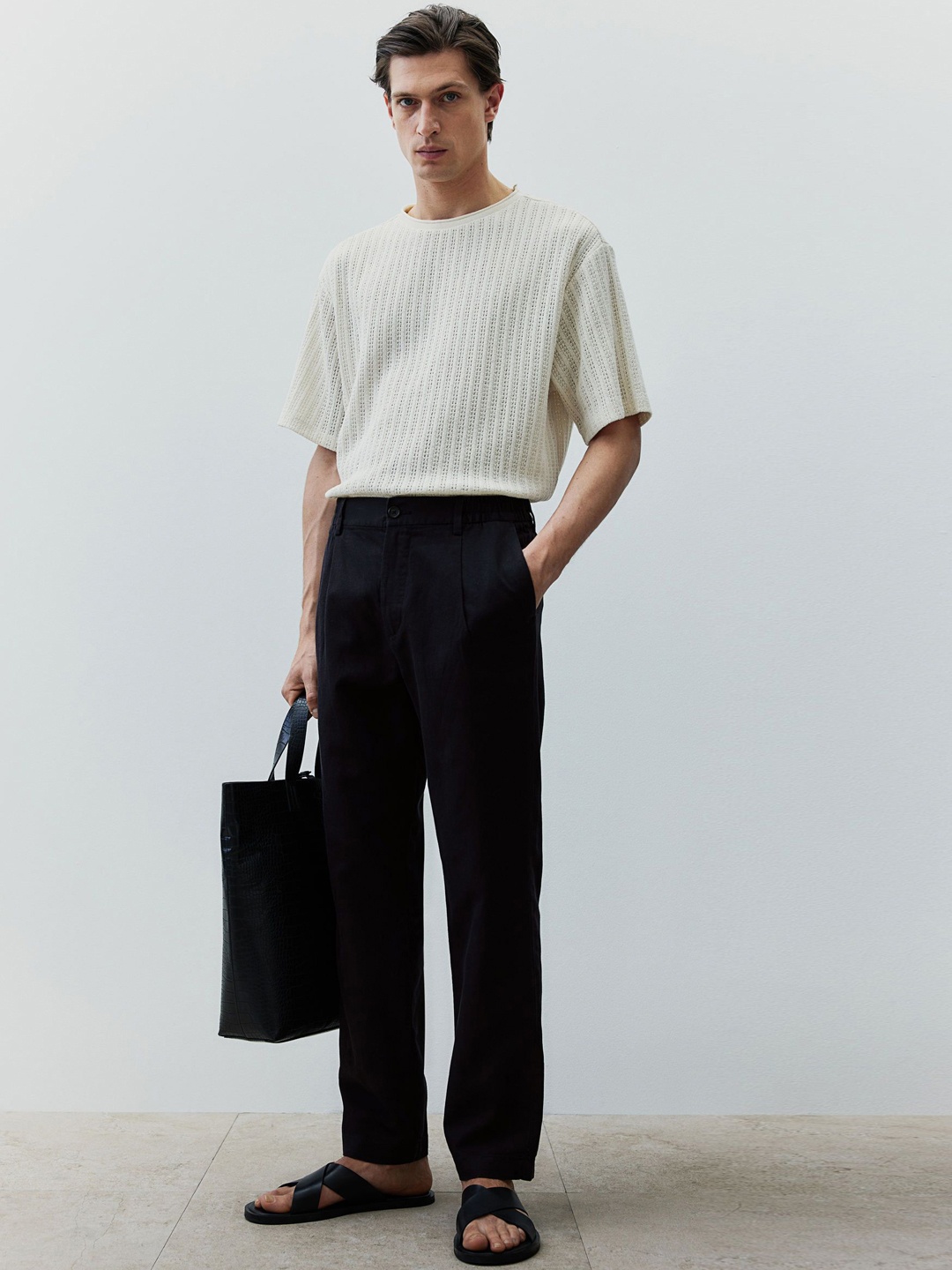

H&M Regular Fit Linen-Blend Trousers, Black