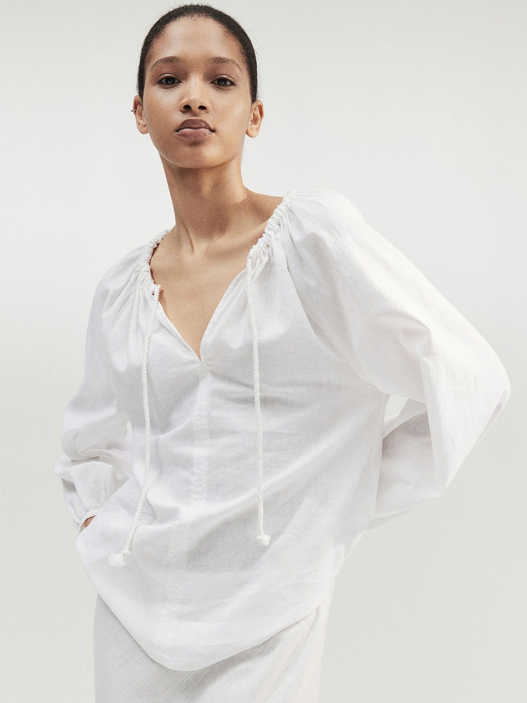

H&M Linen-Blend Popover Blouse, White