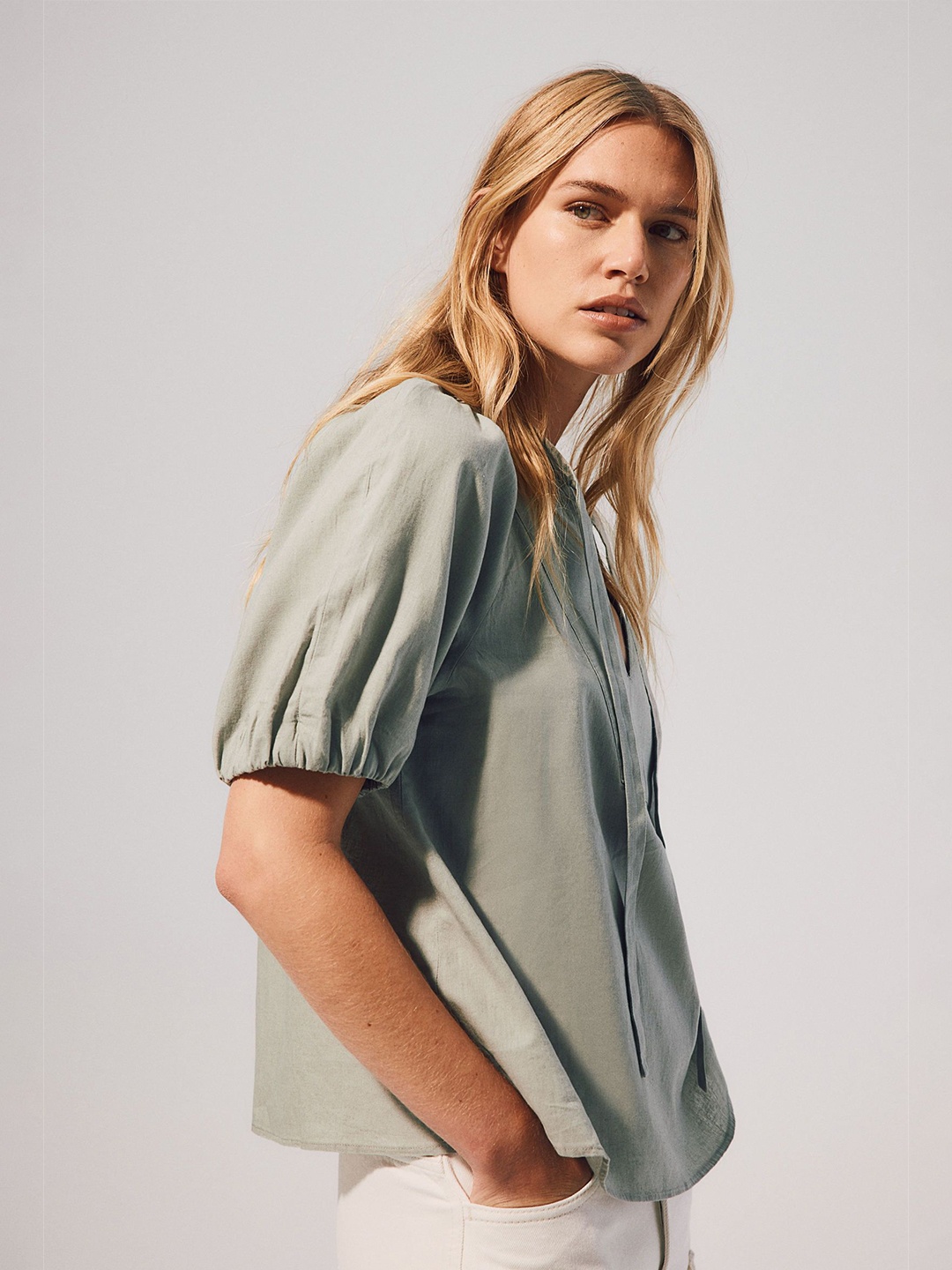 

H&M Tie-Neck Blouse, Green