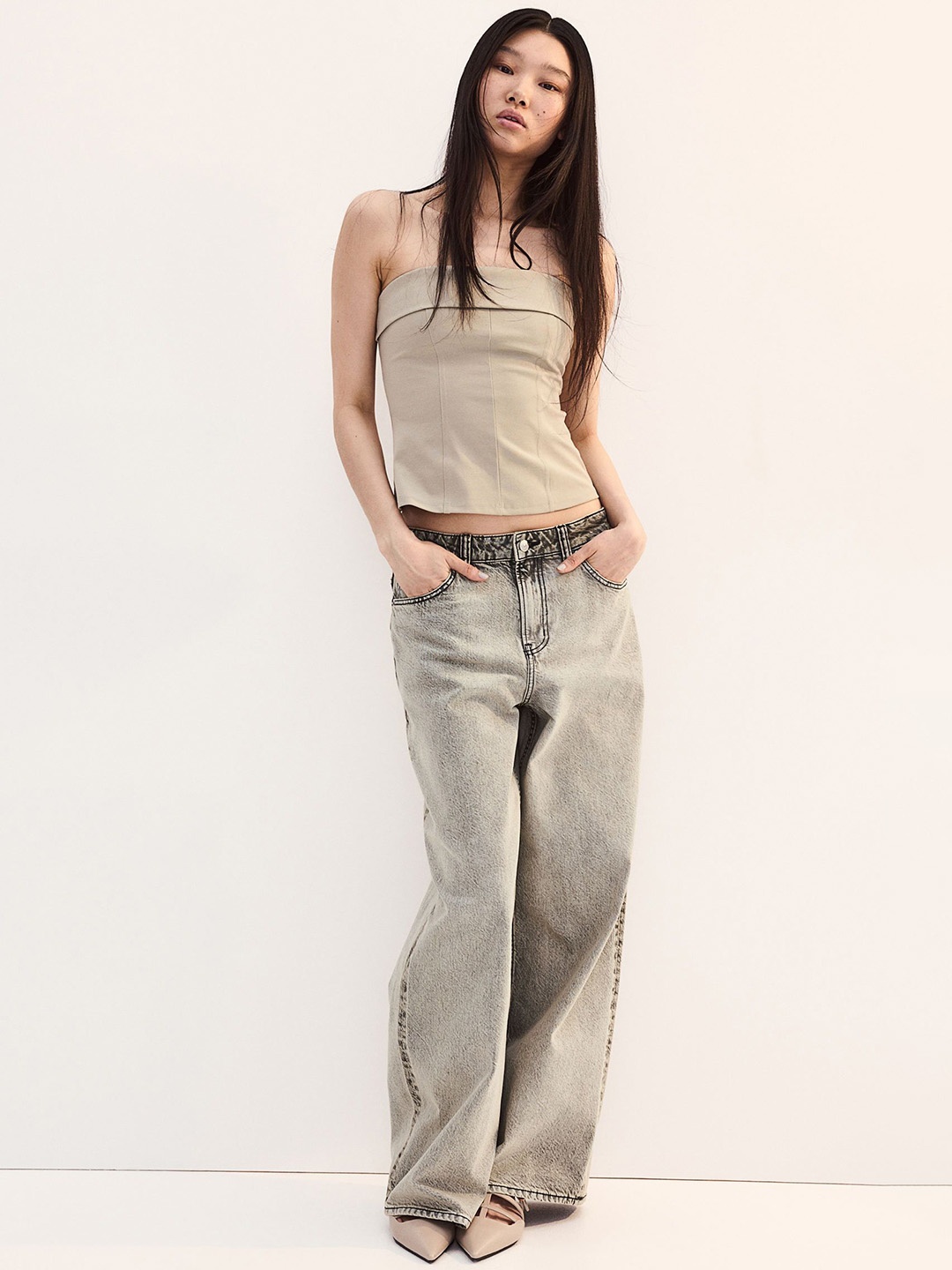 

H&M Women Pure Cotton Baggy Wide Leg Regular Jeans, Beige