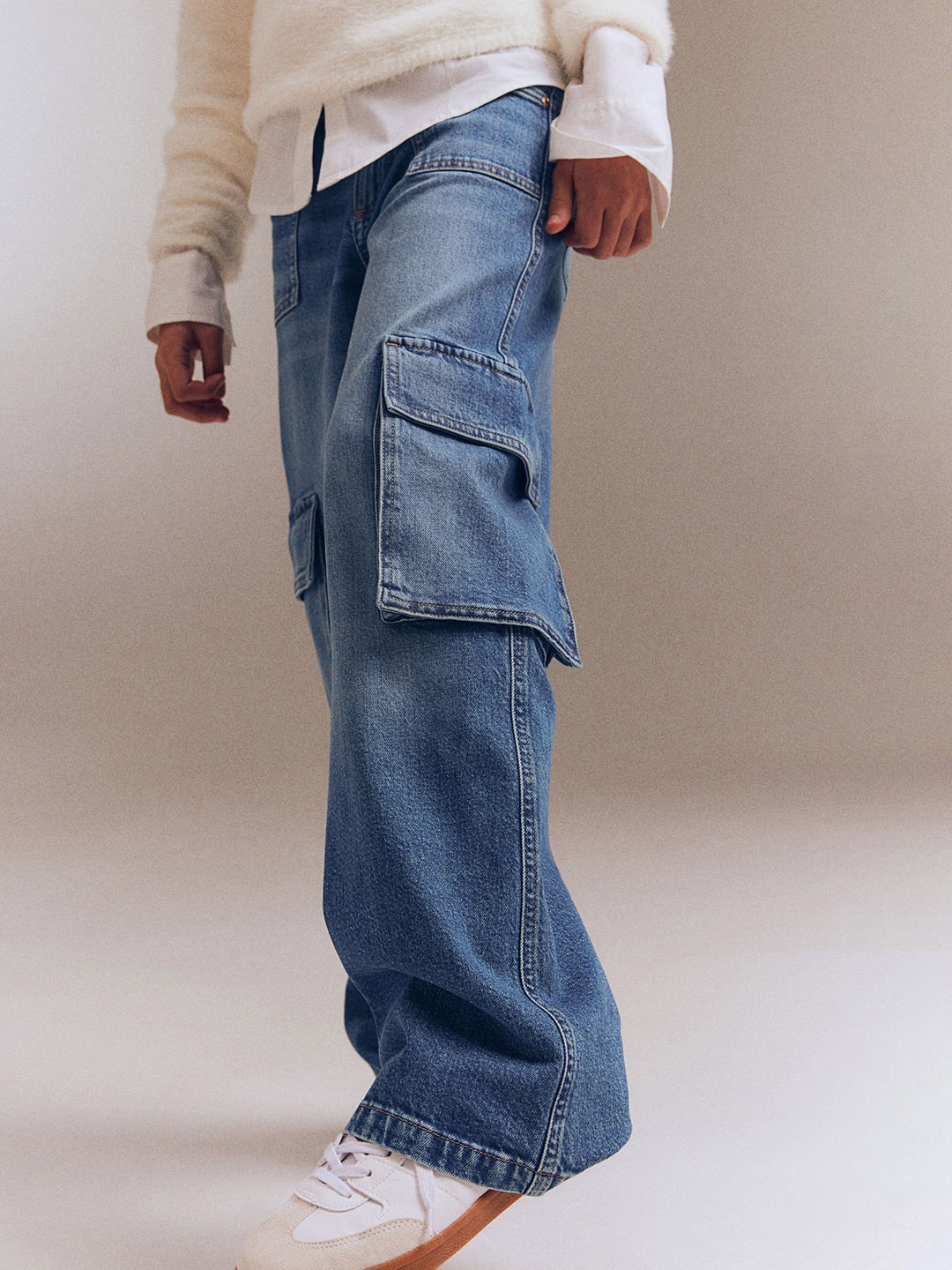 

H&M Girls Low-Rise Wide Leg Denim Cargo Jeans, Blue